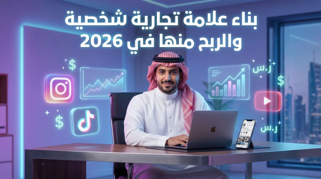 بناء علامة تجارية شخصية على السوشيال ميديا في 2026 لرجل سعودي يعمل على اللابتوب ويحقق دخل من الإنترنت