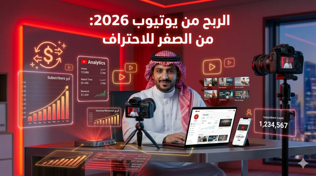 الربح من يوتيوب 2026 مع رجل سعودي ينشئ محتوى ويحقق دخل من قناته باستخدام استراتيجيات احترافية
