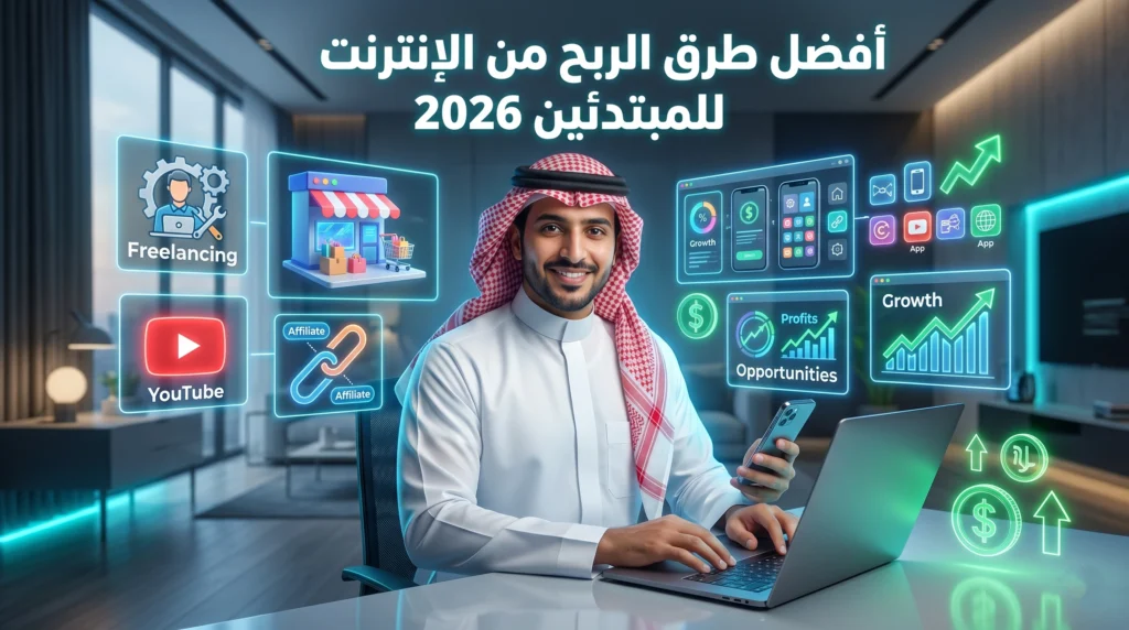 أفضل طرق الربح من الإنترنت للمبتدئين 2026 مع رجل سعودي يستخدم عدة مصادر دخل أونلاين لتحقيق أرباح