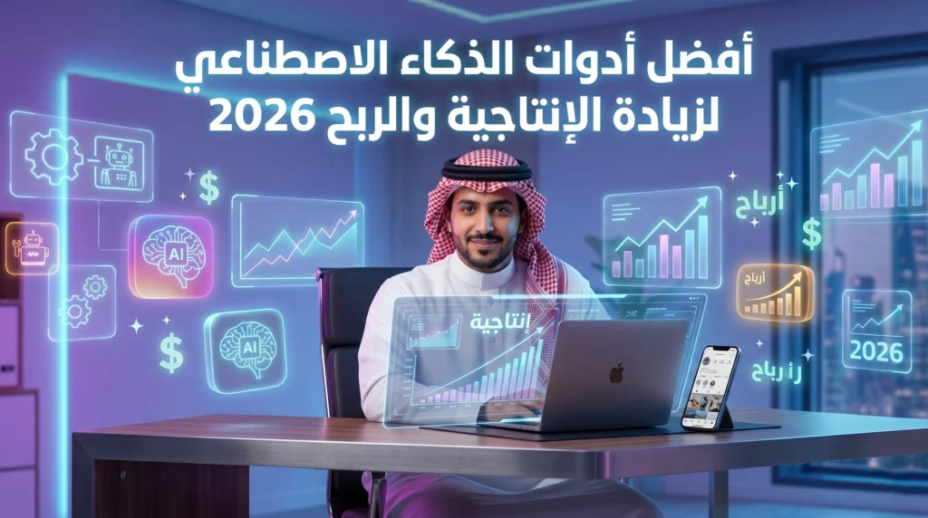 أفضل أدوات الذكاء الاصطناعي لزيادة الإنتاجية والربح في 2026 مع رجل سعودي يستخدم تقنيات AI للعمل وتحقيق دخل أونلاين
