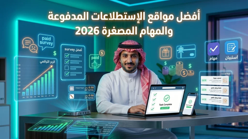 أفضل مواقع الاستطلاعات المدفوعة والمهام المصغرة 2026 مع رجل سعودي يعمل على الإنترنت ويحقق دخل من المهام الصغيرة