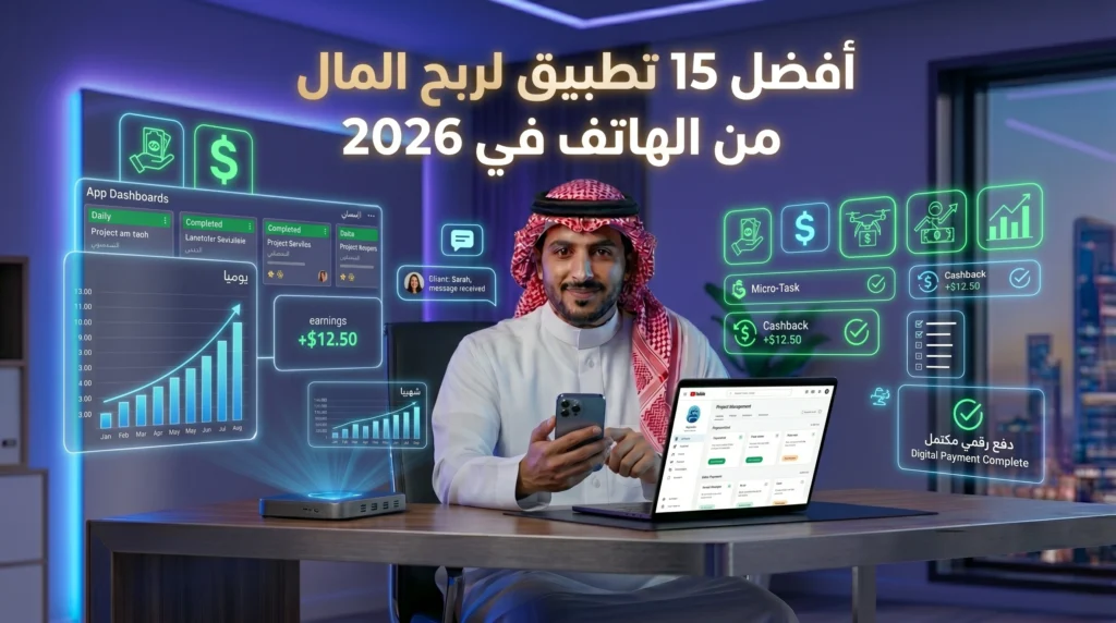 أفضل تطبيقات ربح المال من الهاتف في 2026 مع رجل سعودي يستخدم تطبيقات لتحقيق دخل إضافي عبر الإنترنت